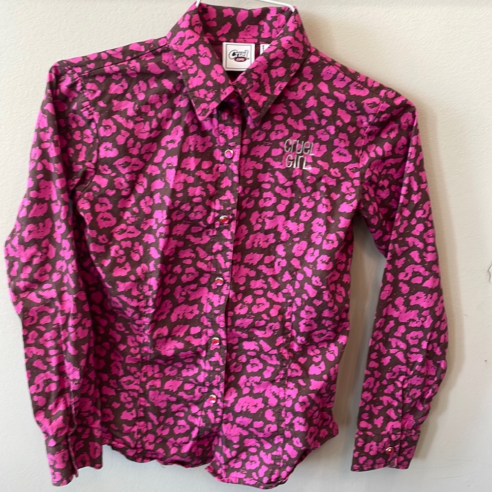 Cruel Girl pink and brown leopard print long sleeve snap shirt. Size 8